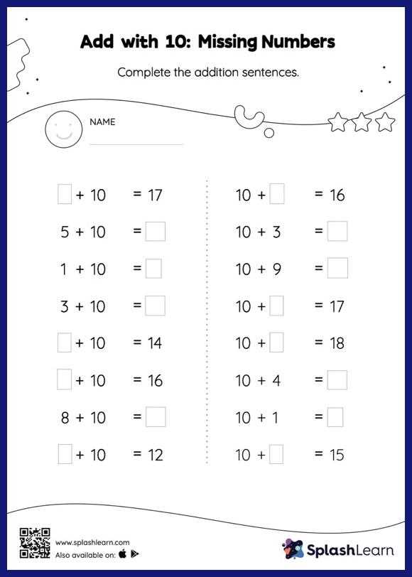 addition to 10 worksheets free