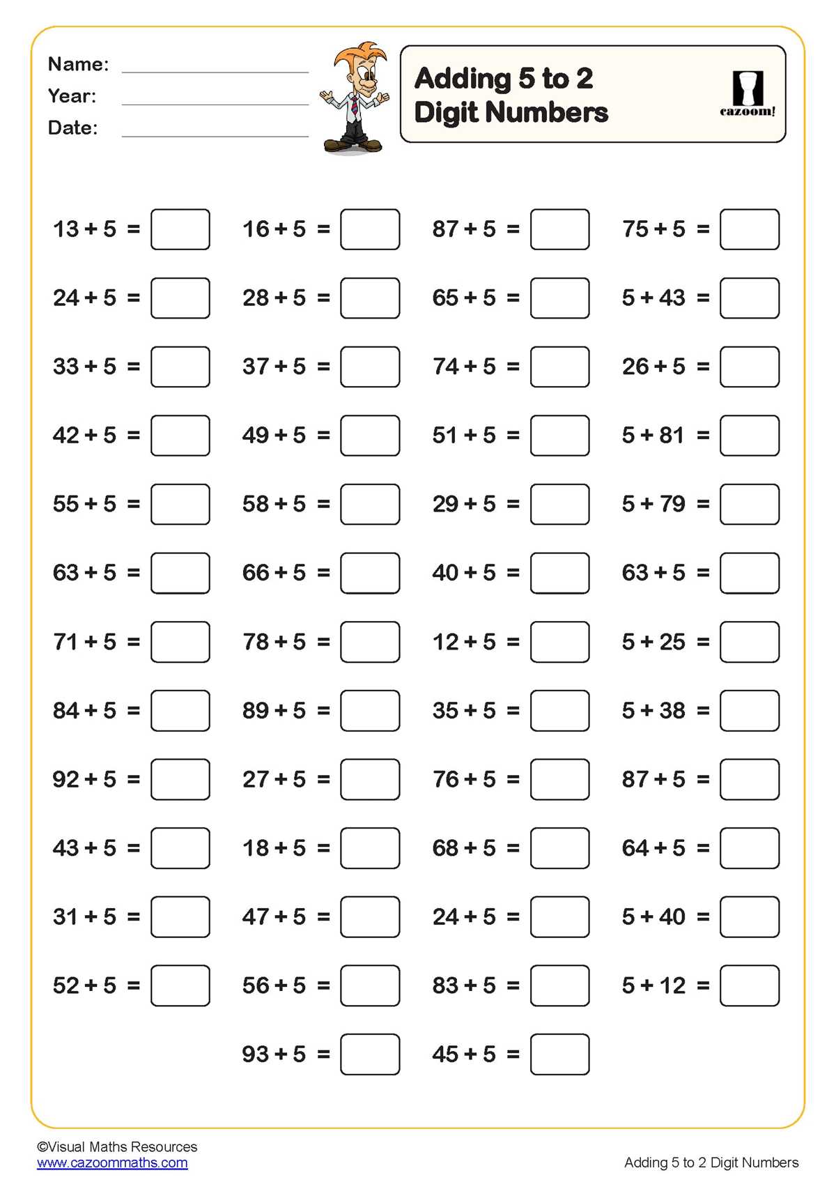 addition to 5 worksheet