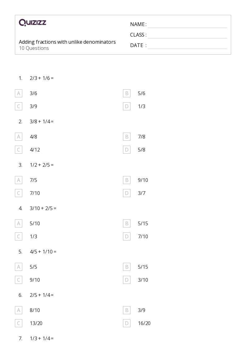 addition unlike fractions worksheet