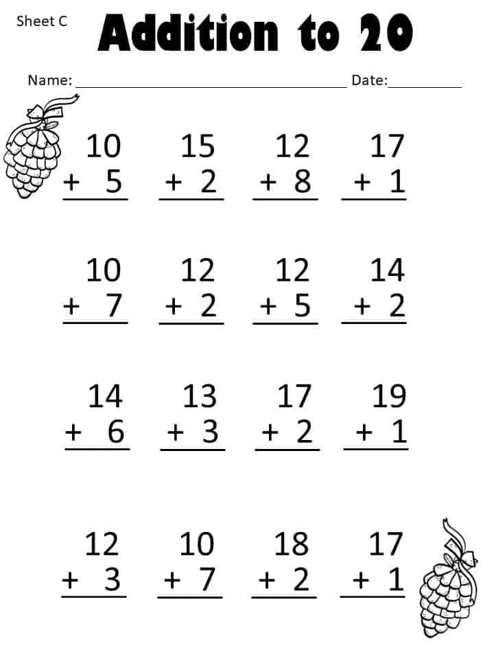 addition worksheets 1 20