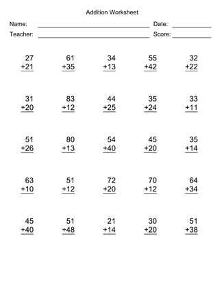 addition worksheets 2 digits without regrouping