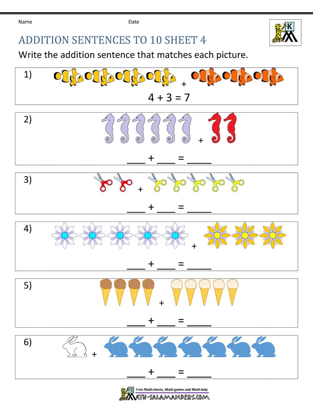 addition worksheets for kindergarten 1 10 with pictures