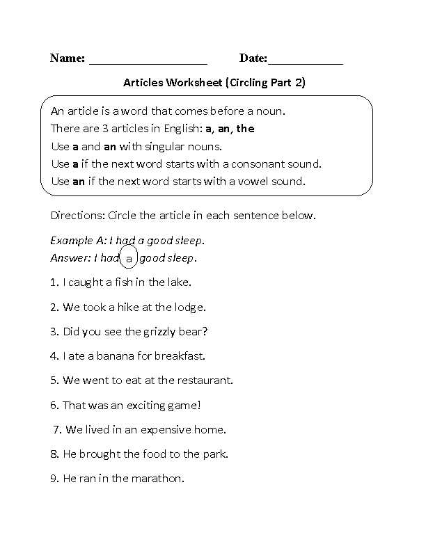 adjective and articles worksheets