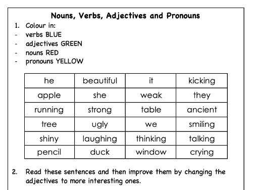 adjectives nouns and verbs worksheet