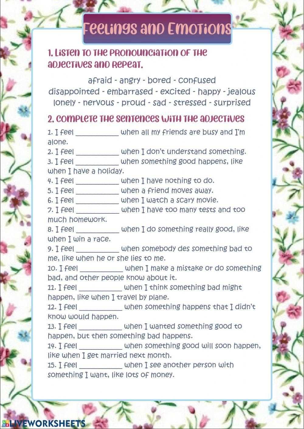 adjectives of feelings and emotions worksheets