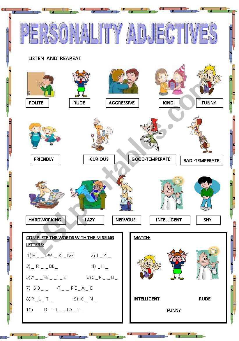 adjectives personality worksheet
