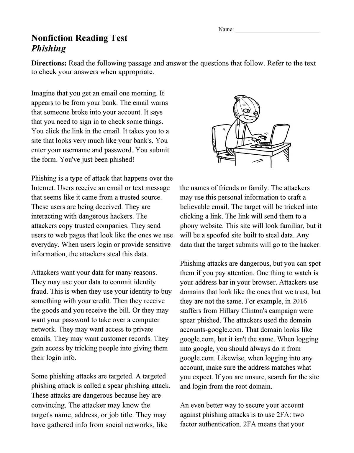adult reading comprehension worksheets