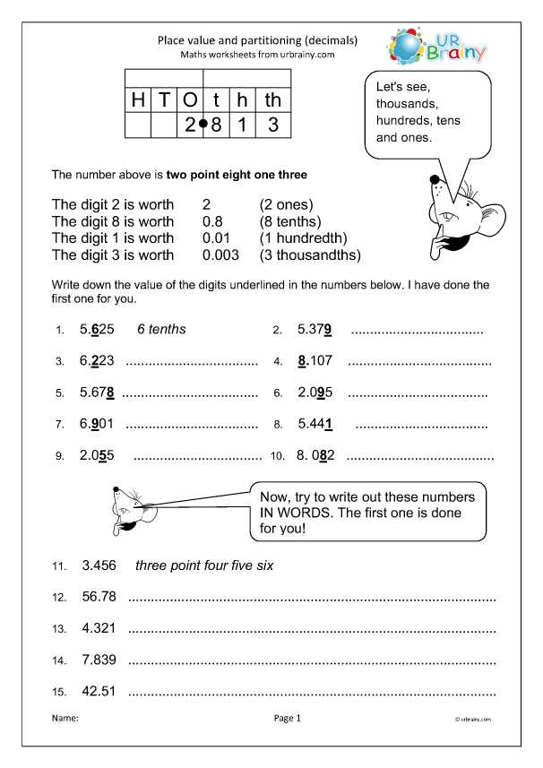 place value with decimals worksheets