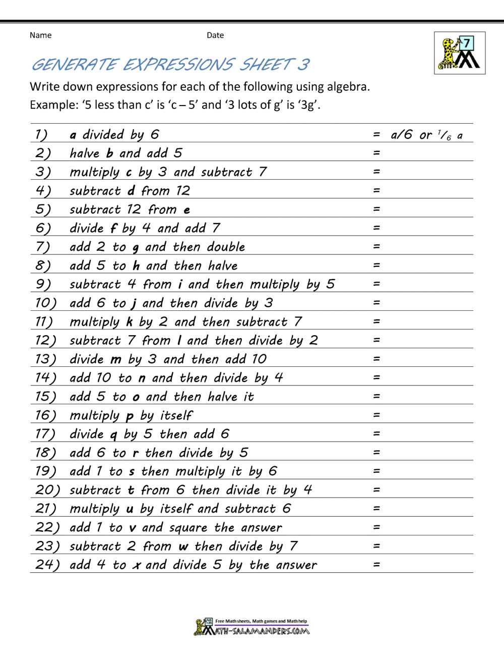 algebra 1 practice worksheets