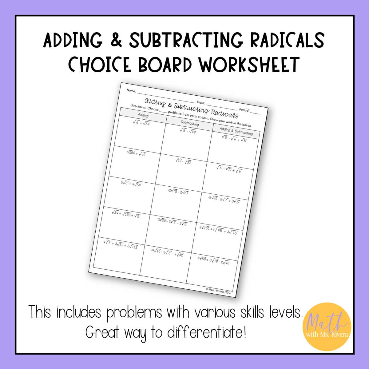 algebra 1 radicals worksheet
