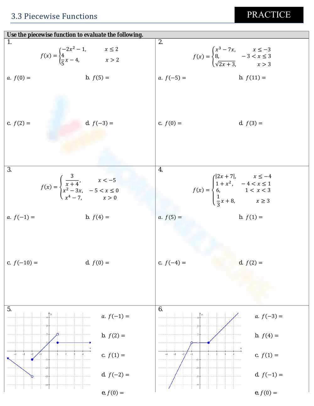 algebra 2 piecewise functions worksheet