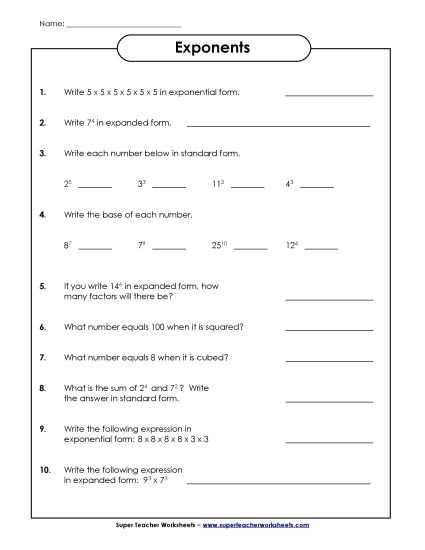 algebra exponents worksheet