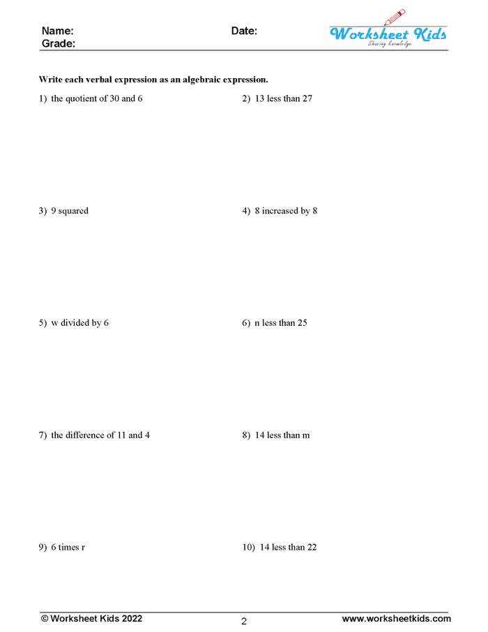 algebraic expressions grade 8 worksheet