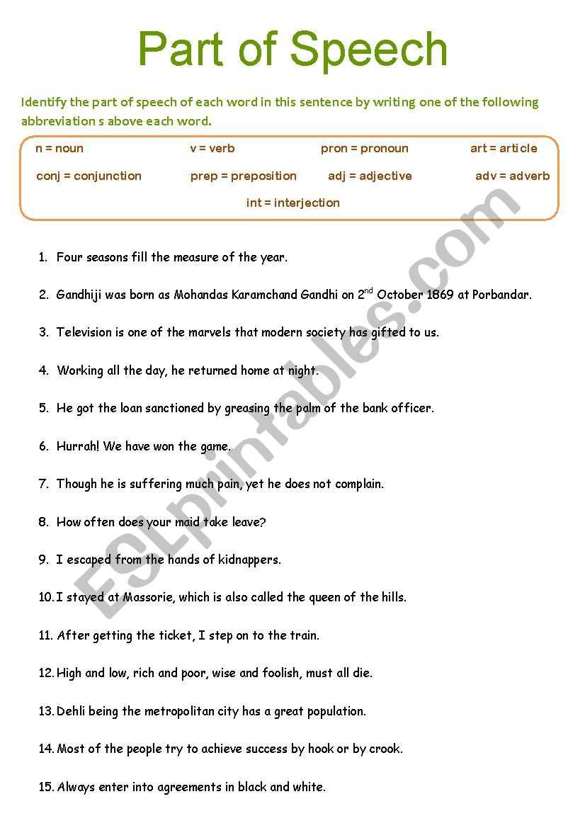 all parts of speech worksheet