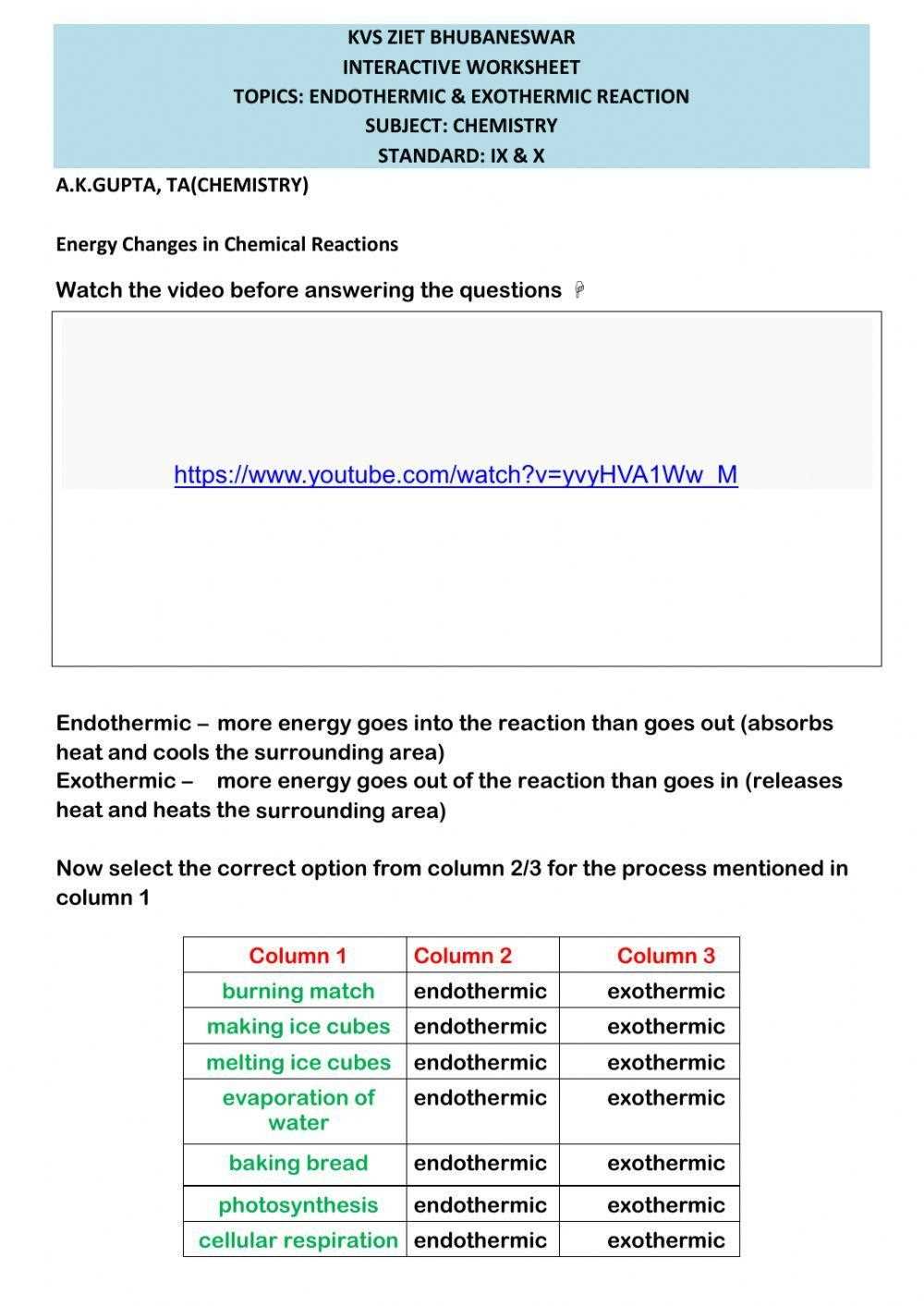 exothermic and endothermic reactions worksheet