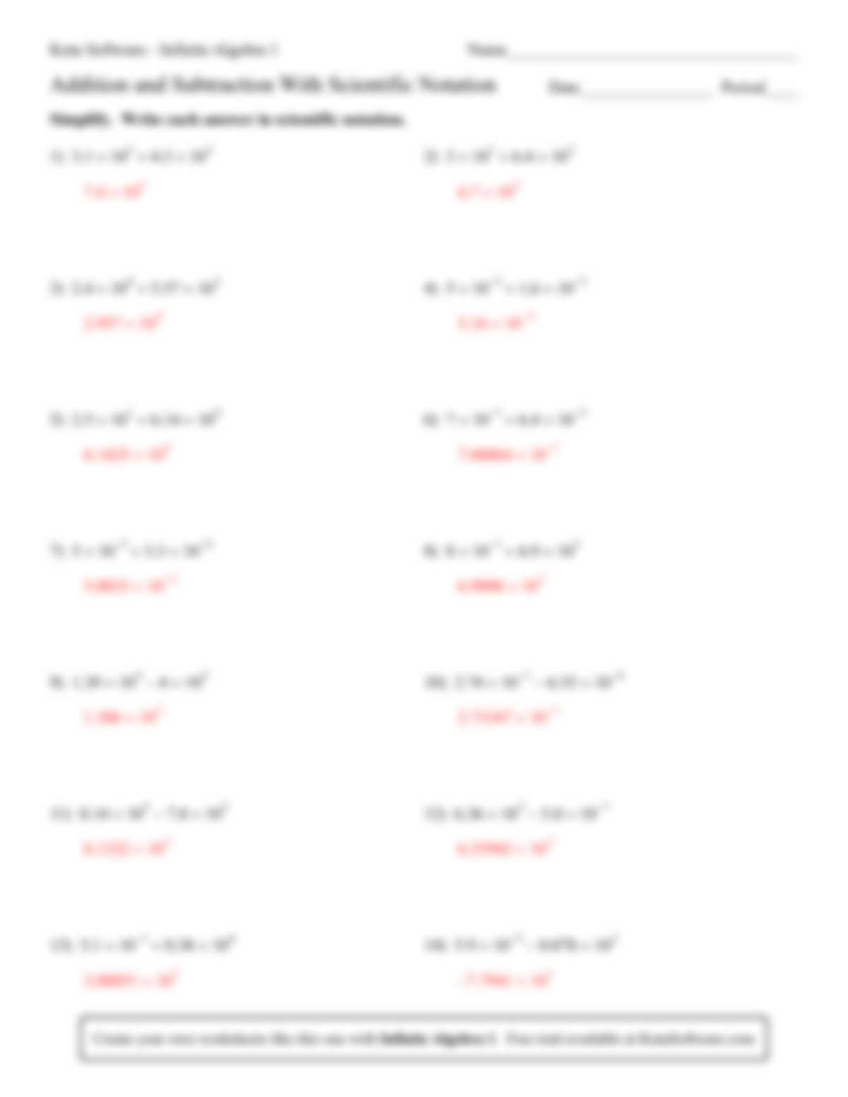 scientific notation addition and subtraction worksheet