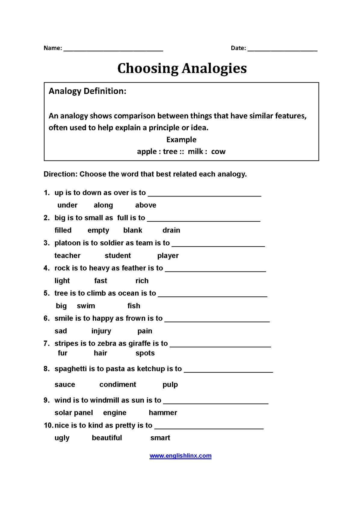 analogies worksheet 1