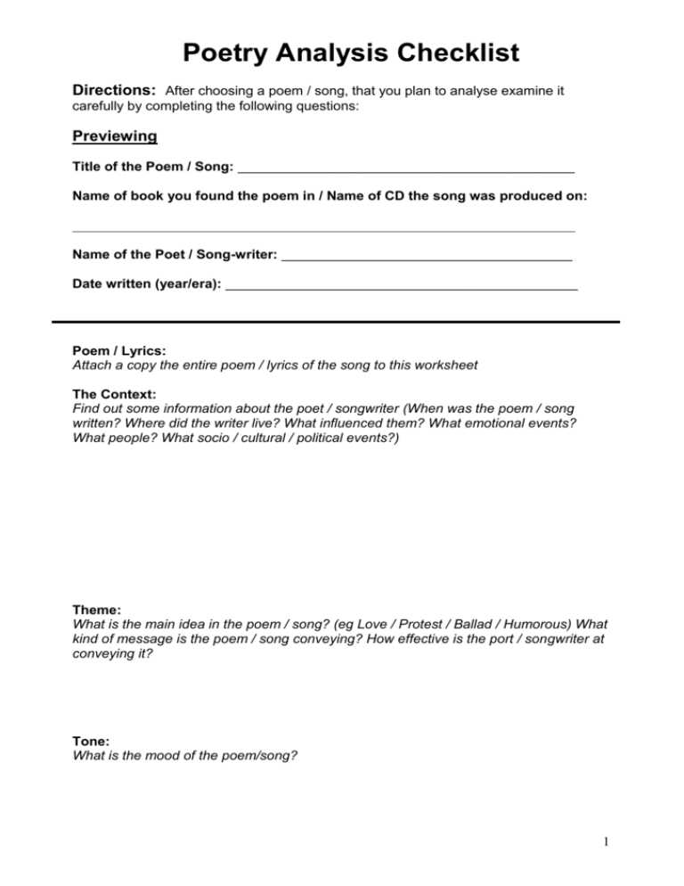 analysis song lyrics as poetry worksheet