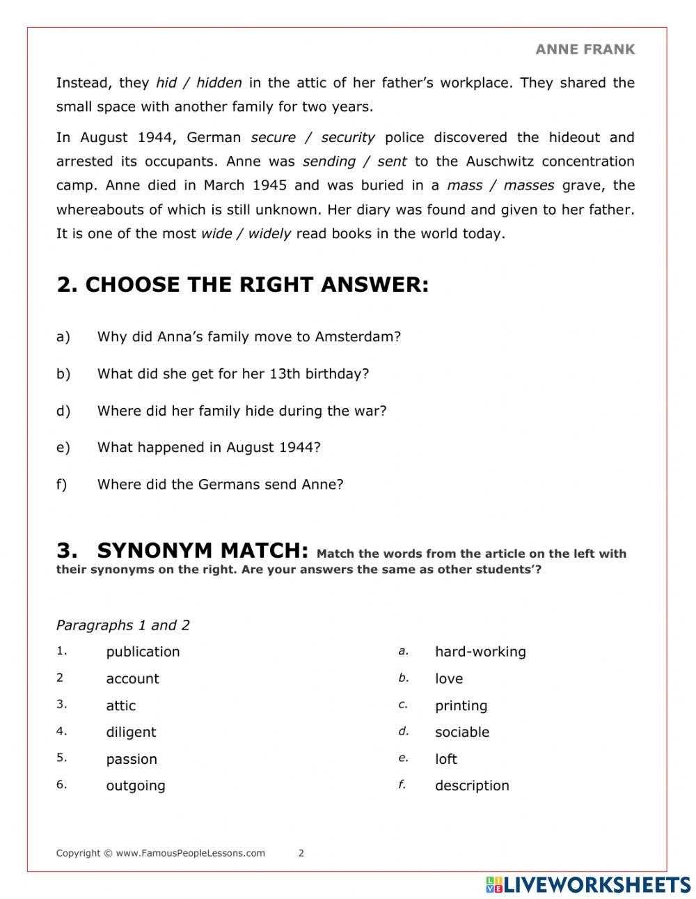 anne frank activities worksheets