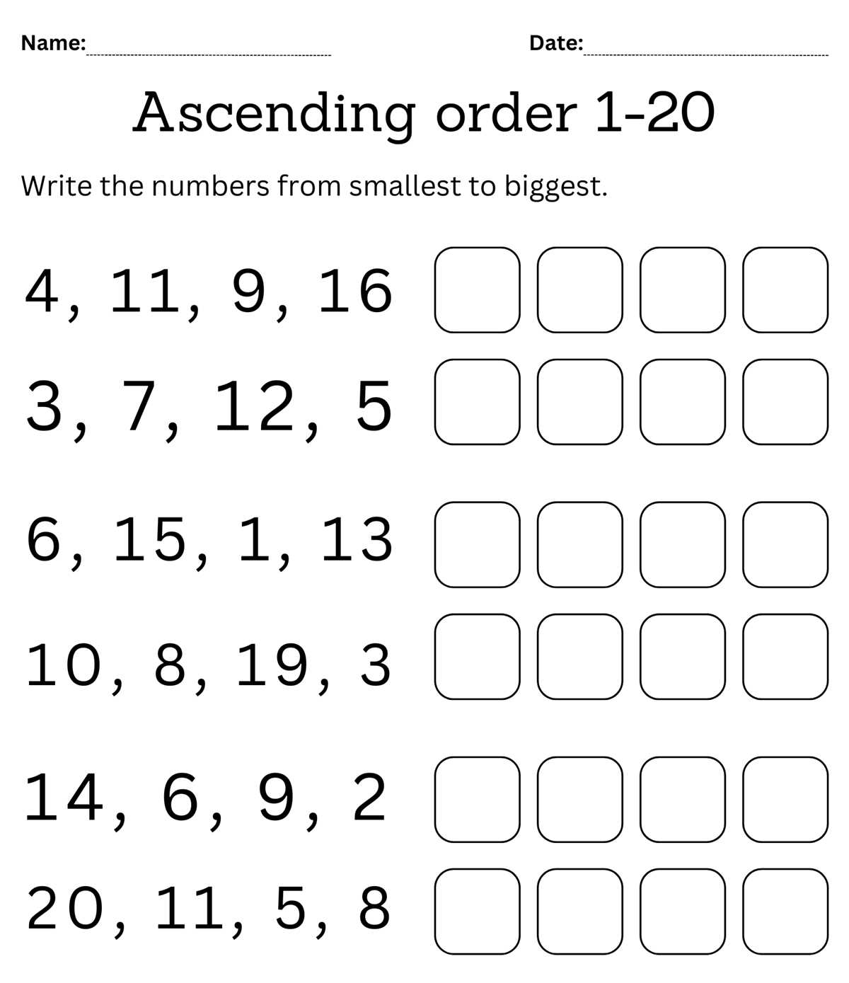 arrange numbers in ascending order worksheet