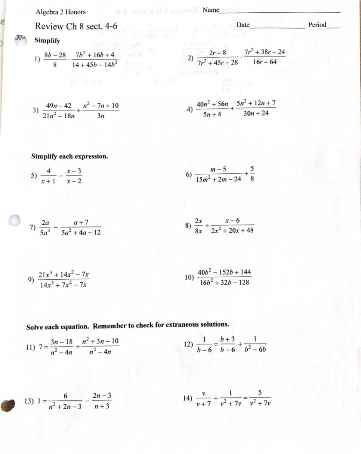 algebra 2 review worksheet