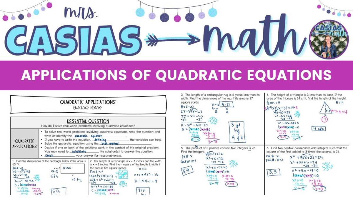 application of quadratic equations worksheet