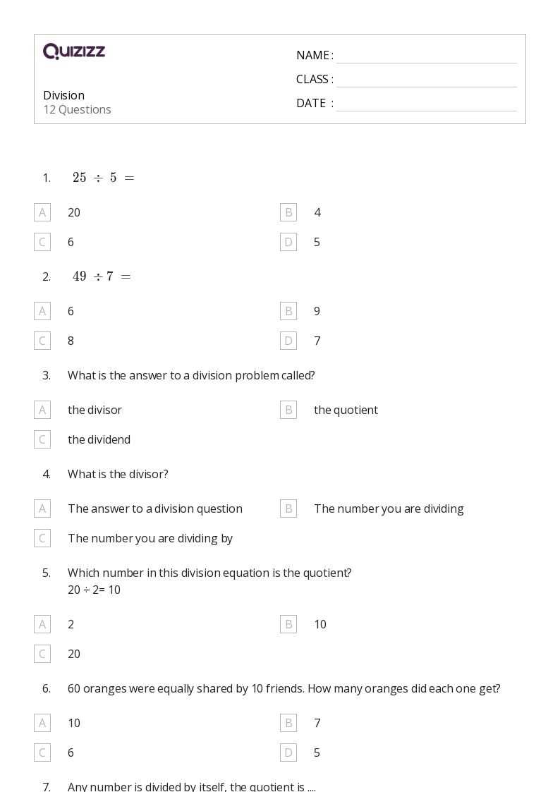 class 4th division worksheet