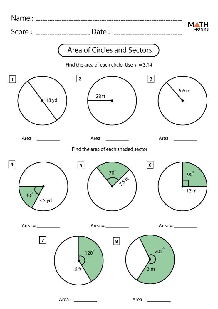 arc length area of sector worksheet