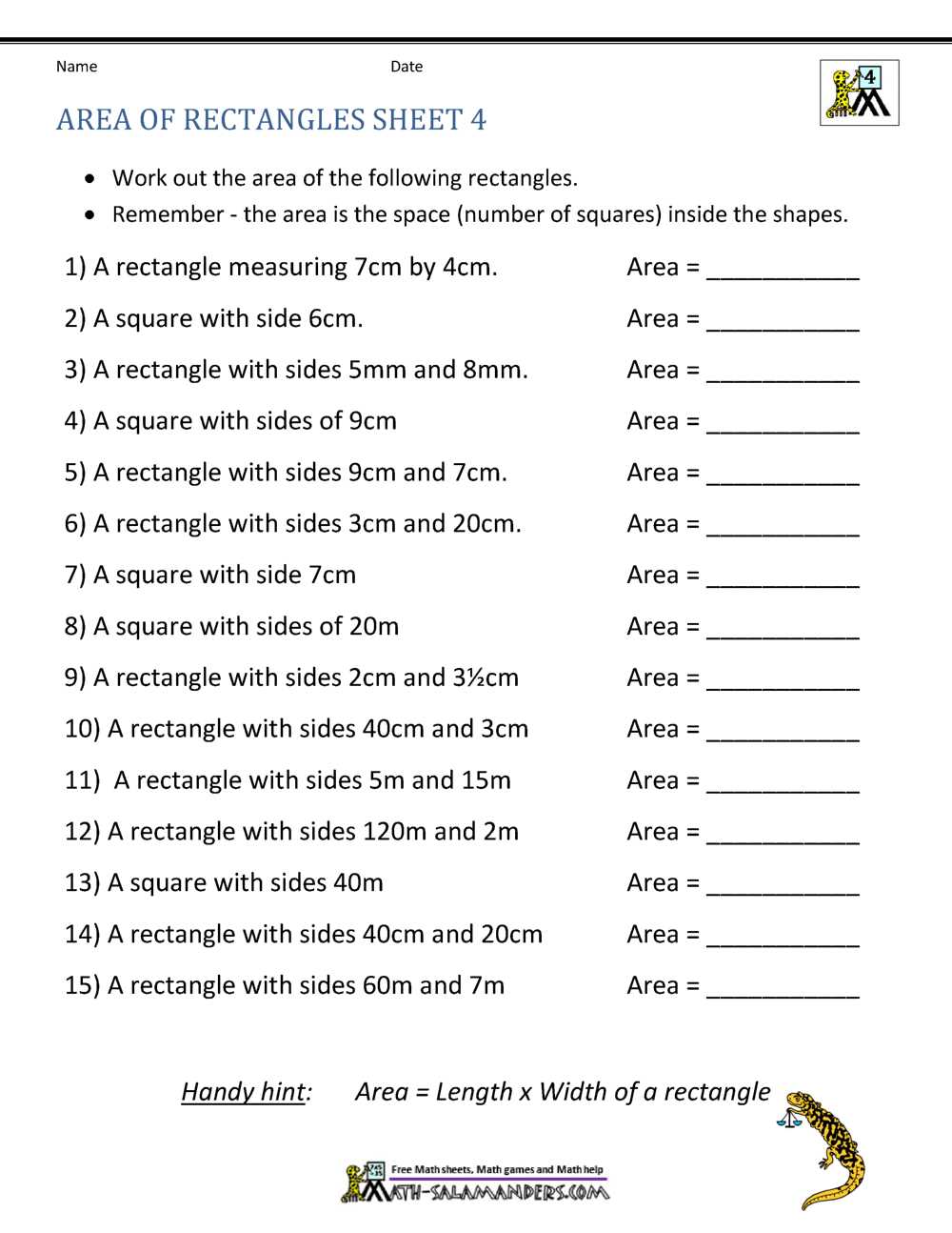 area of a rectangle worksheet