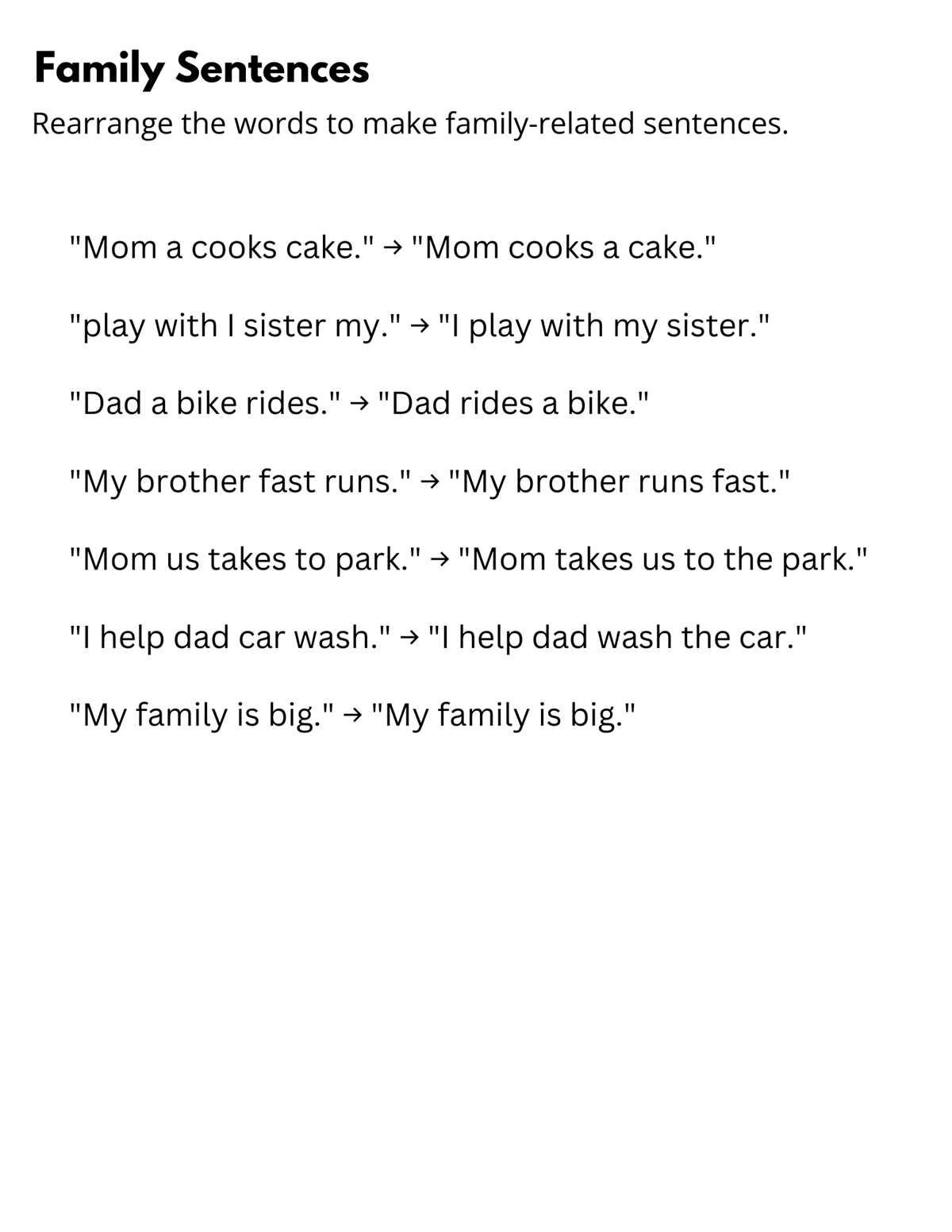 arrange the words to make a sentence worksheet