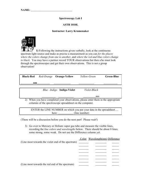 astronomy spectroscopy worksheet