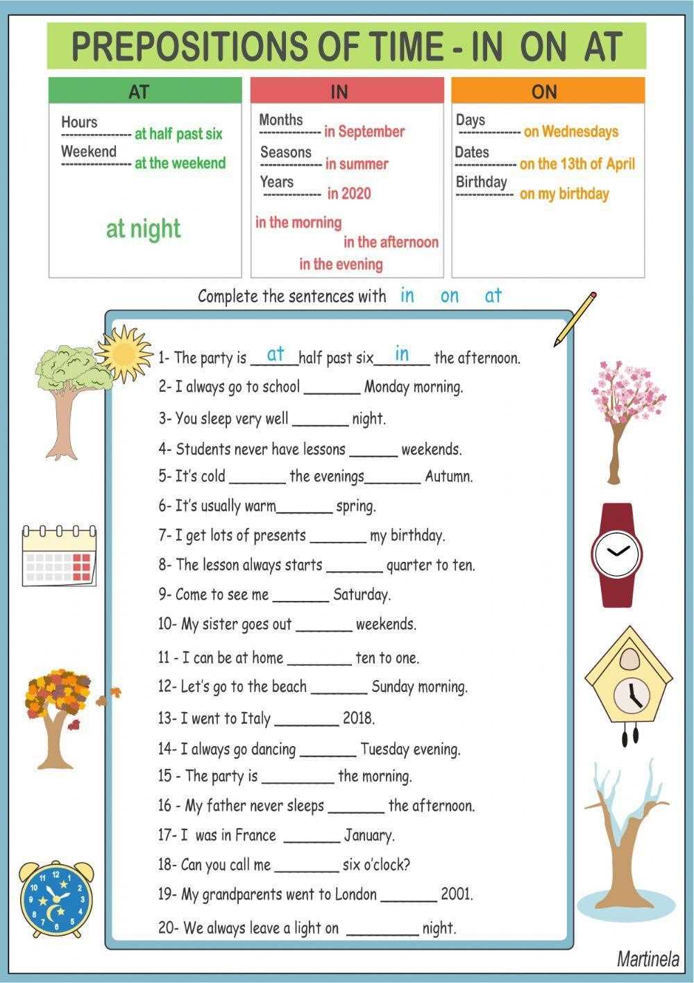 at on in prepositions of time worksheet