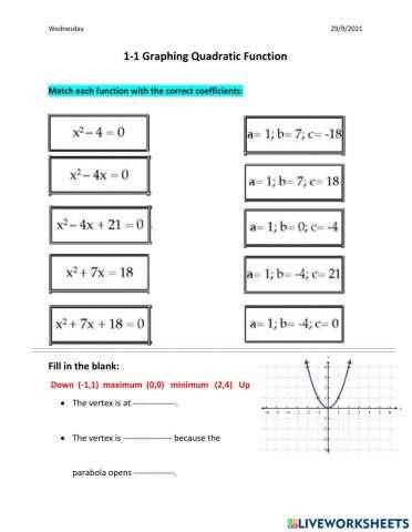 quadratic function worksheet