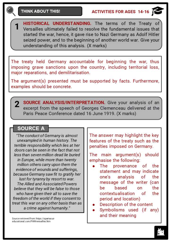 treaty of versailles worksheet