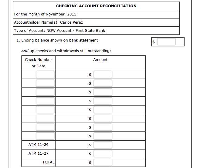 balance checking account worksheet