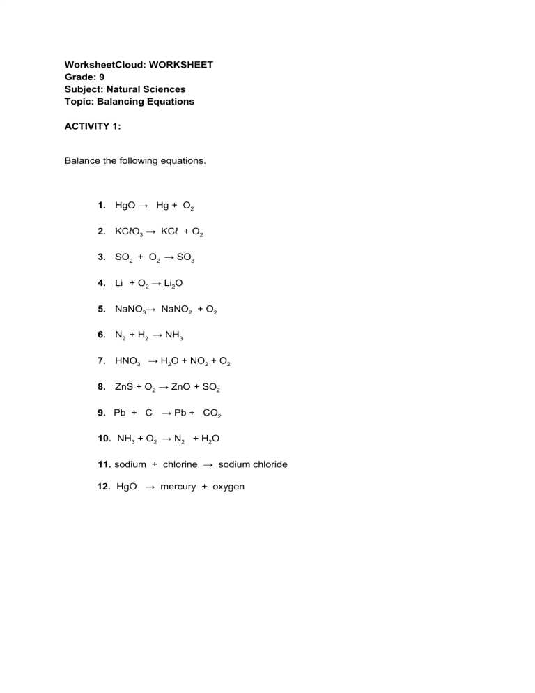 balance the following chemical reactions worksheet