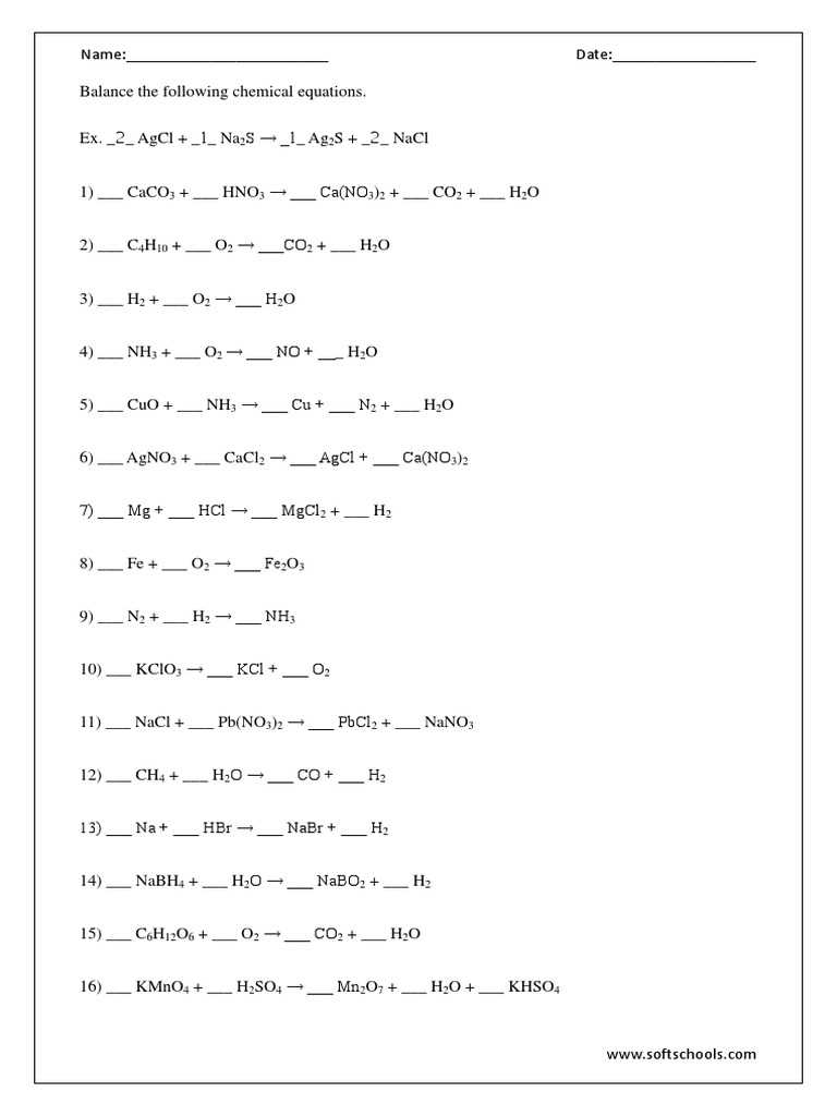 balancing chemical equation worksheet