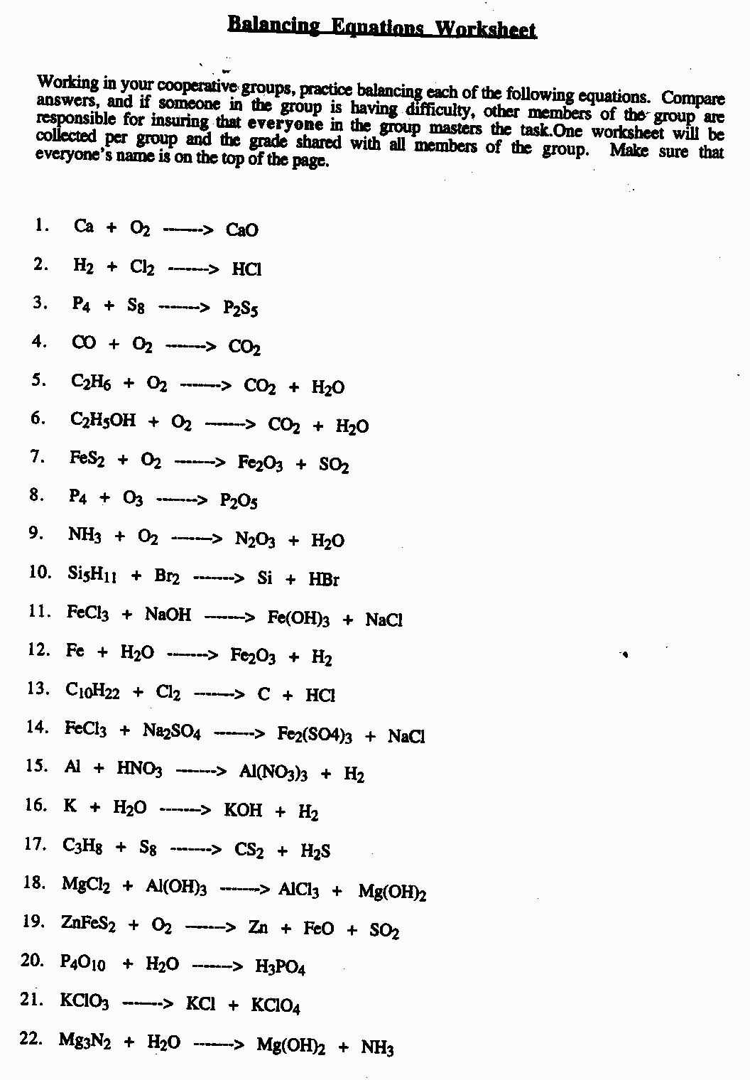 balancing chemical equations review worksheet