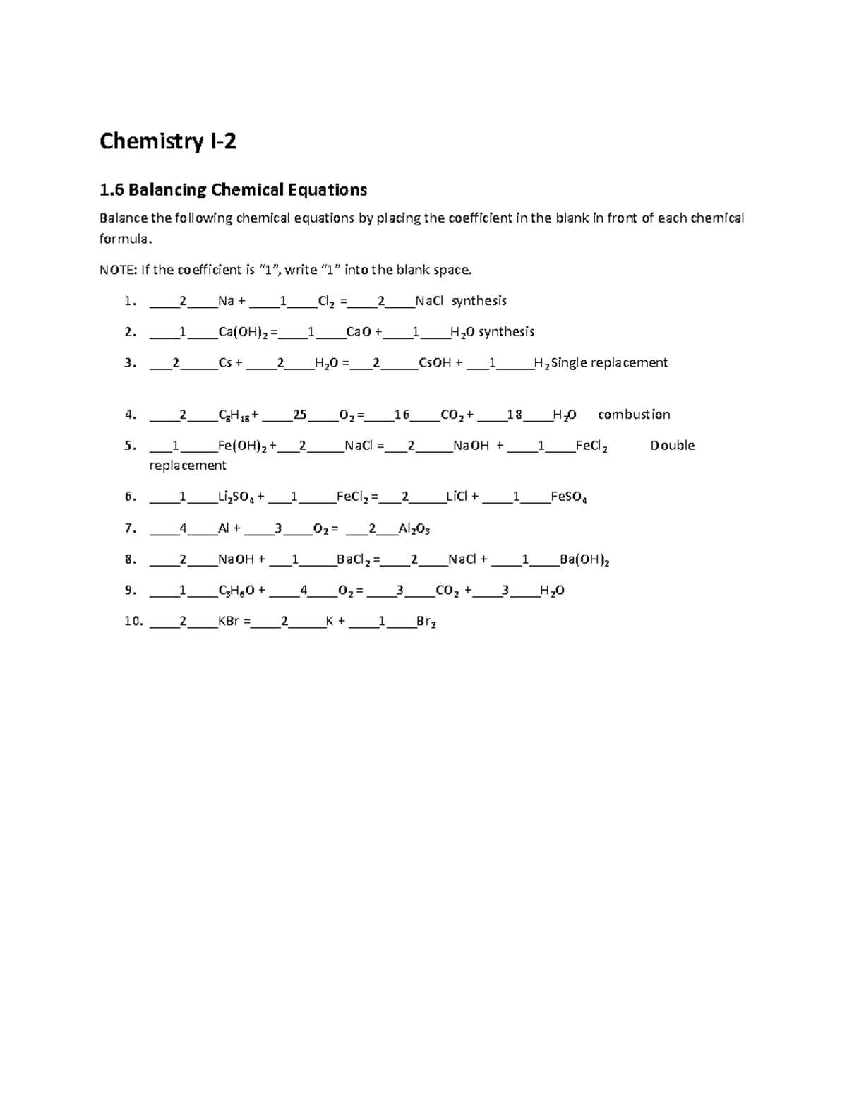 balancing chemical equations synthesis worksheet