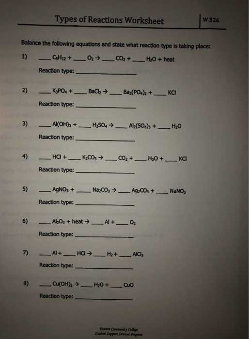 balancing types of reactions worksheet