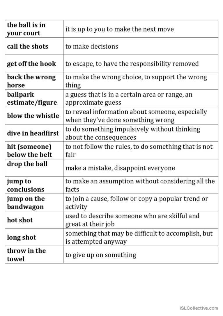 baseball idioms worksheet