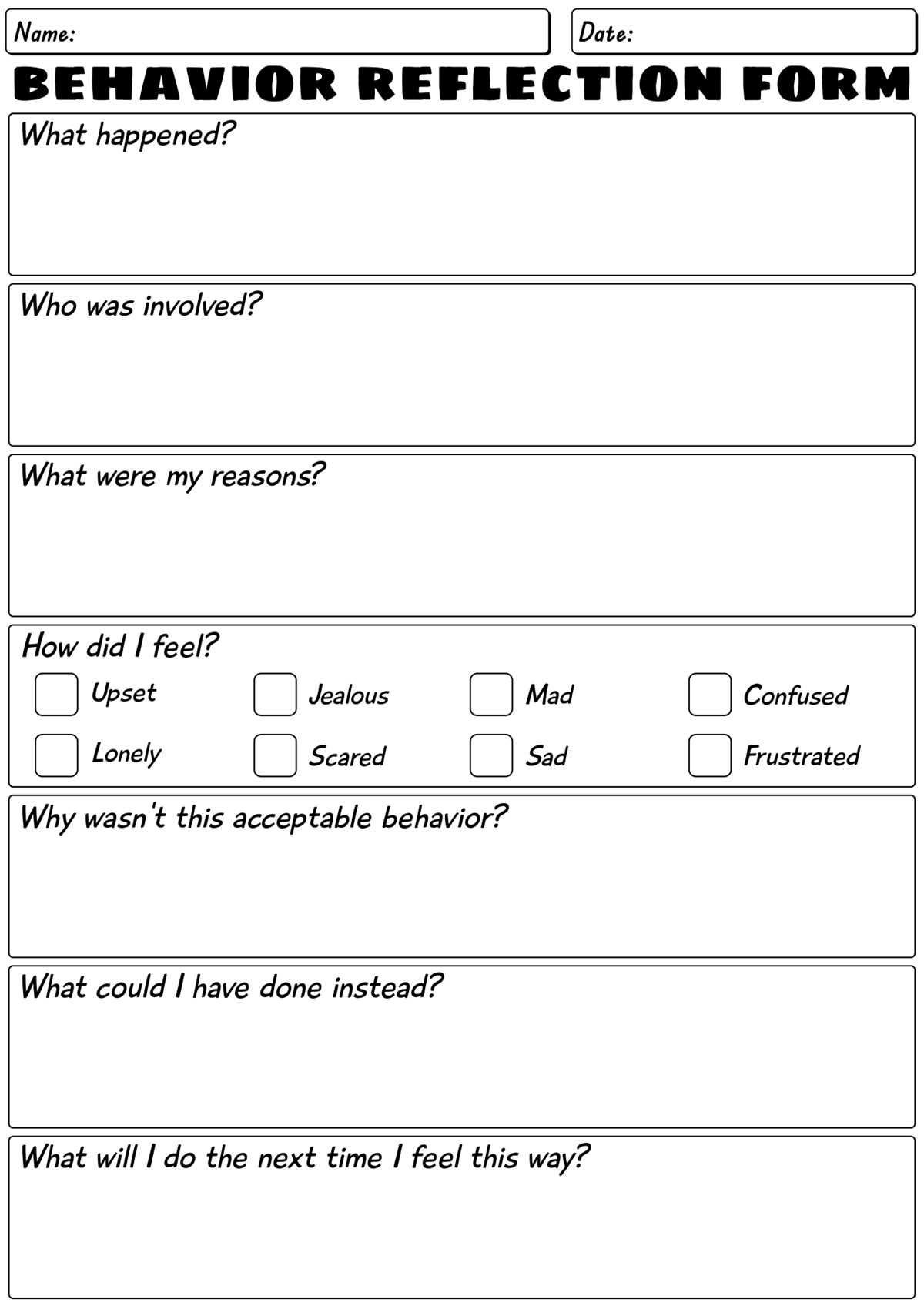 behavior worksheets for middle school students