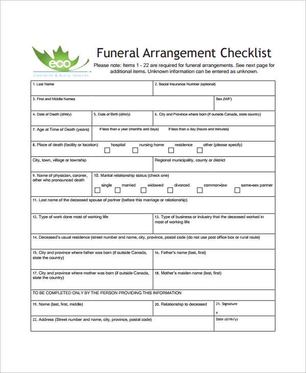 bereavement arrangements worksheet