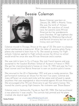 bessie coleman free worksheets