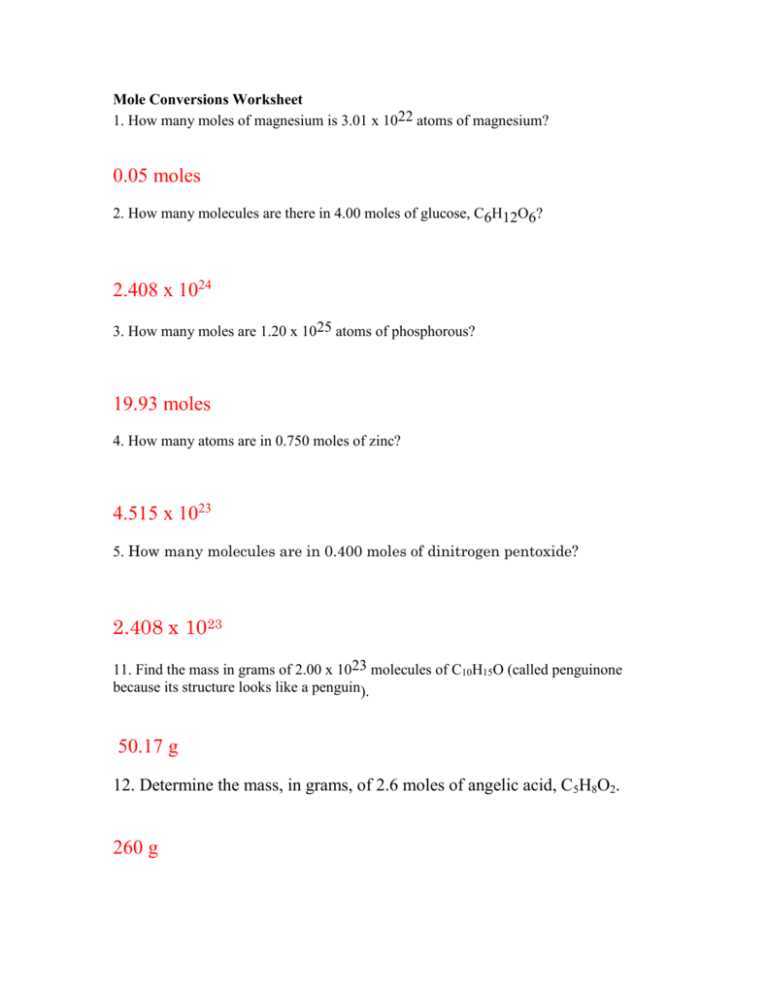 worksheet mole conversions