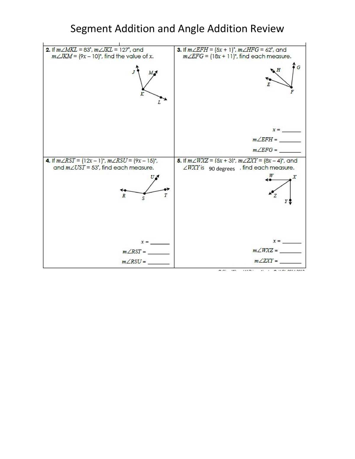 angle addition worksheet