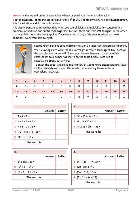 bidmas worksheet tes