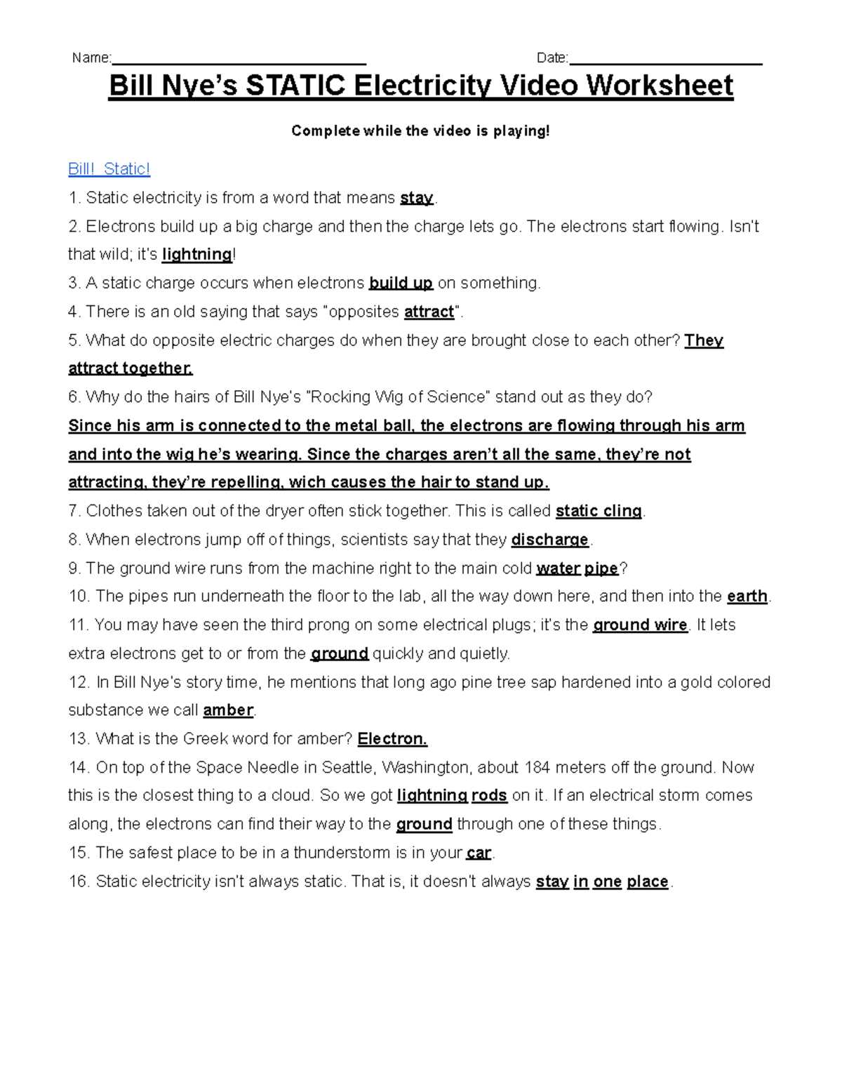 bill nye static electricity worksheet key