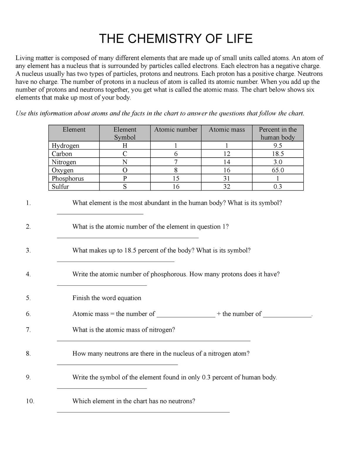 biochemistry the composition of living matter worksheet