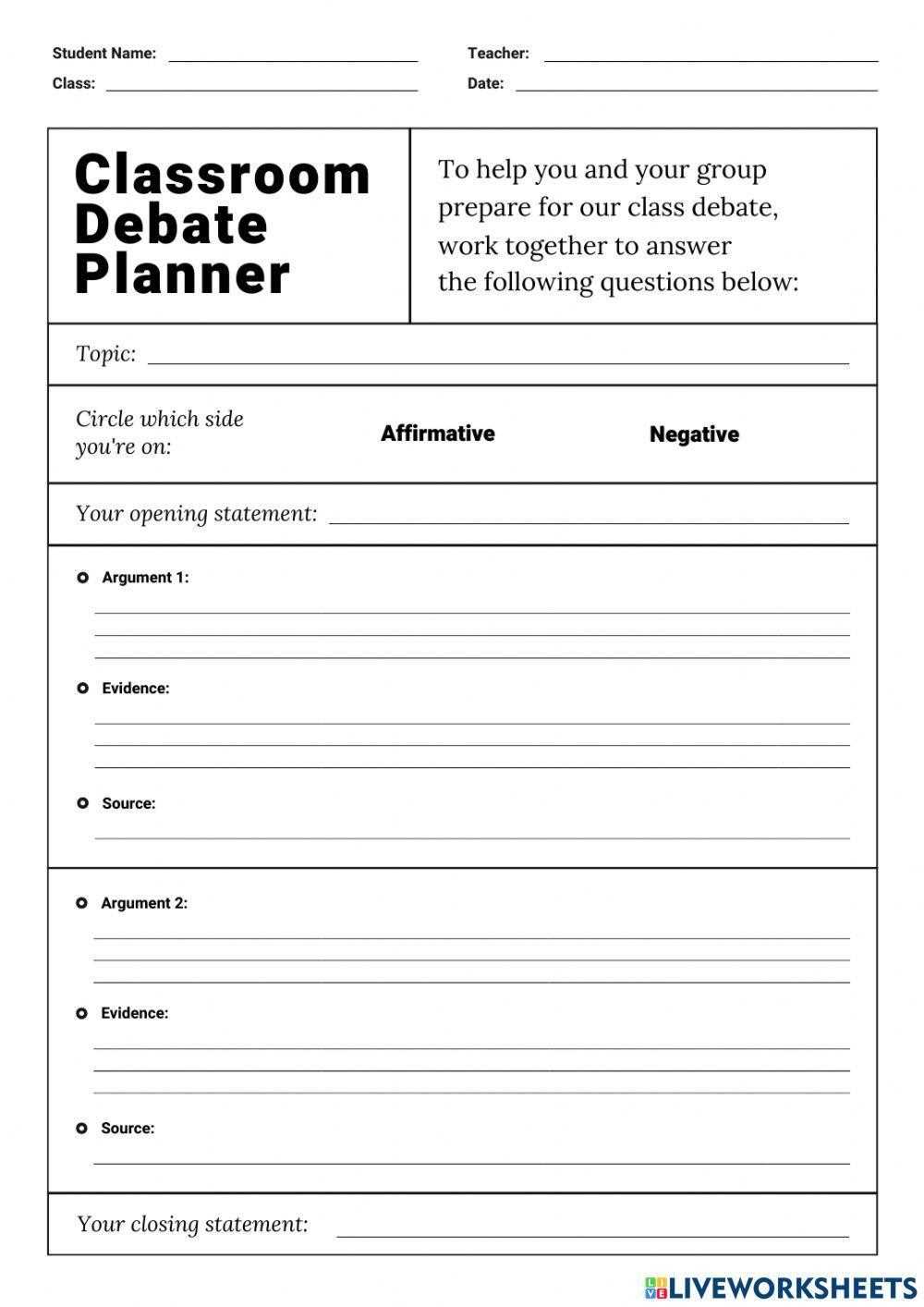 debate practice worksheets